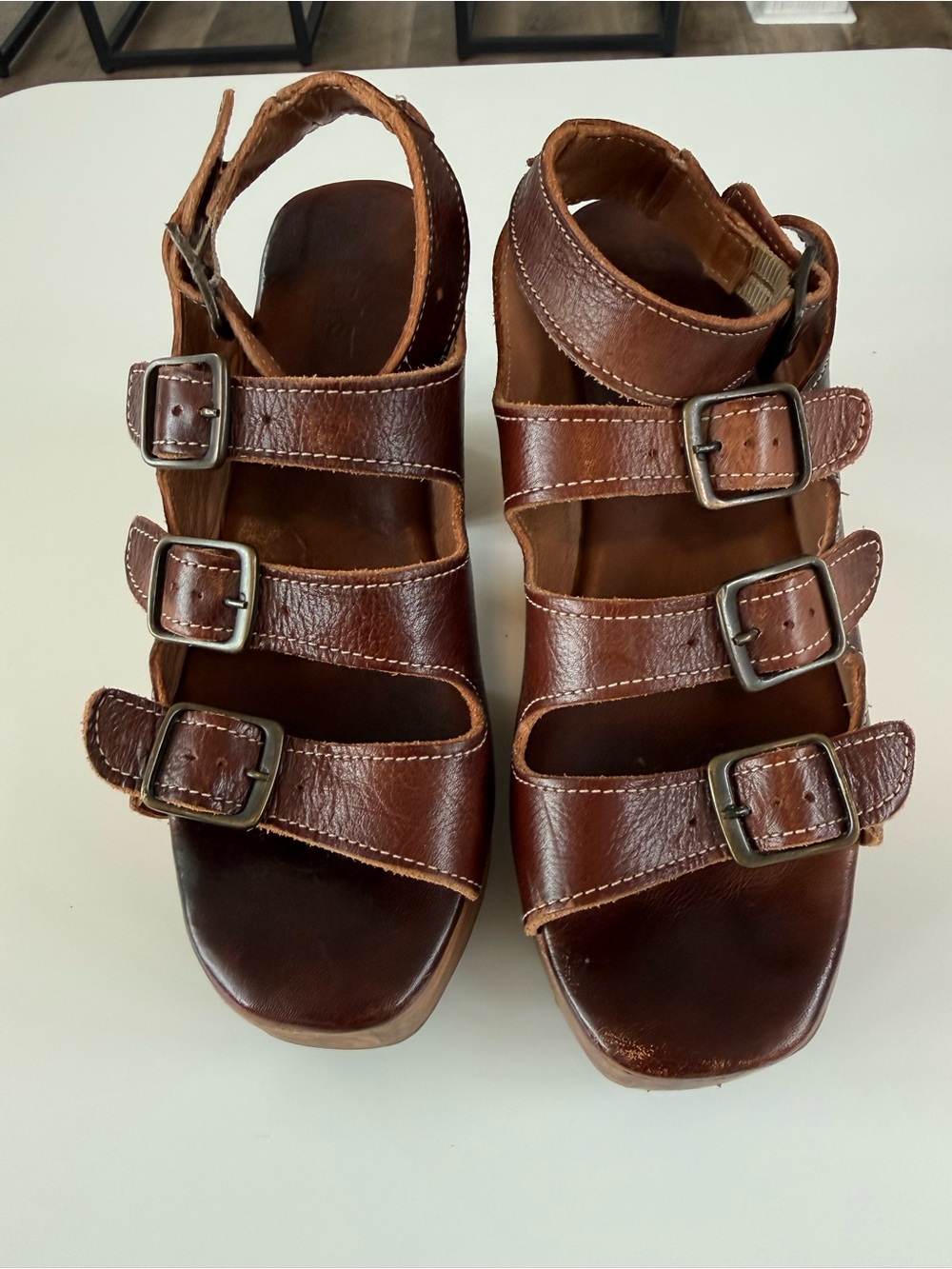Bed Stu Brown Leather Platform Buckle Sandals
